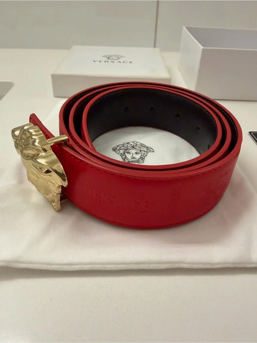 Versace Reversible Medusa Head Belt – Red/Black Leather